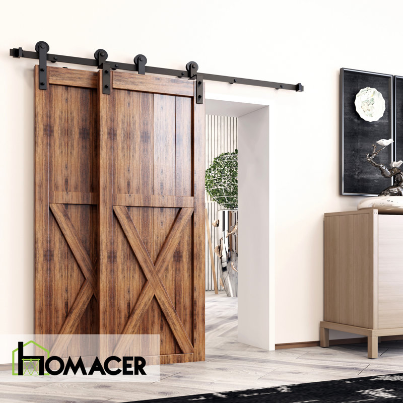 Black Rustic Straight Design Single Track Bypass Two Door Hardware Kit (Door Not Included), 156 in.