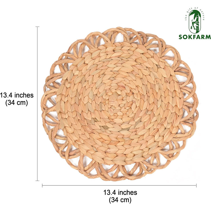 Boho Wicker Placemats Set Of 10 - Handwoven Water Hyacinth Round Placemats For Dining Table, Natural And Eco-Friendly Home Decor