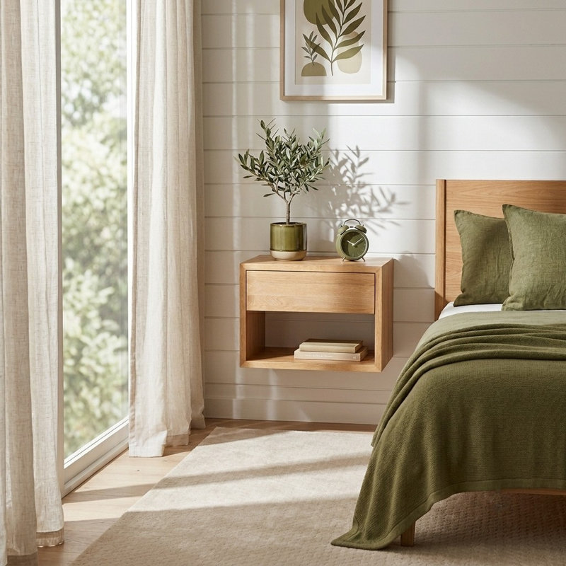 Solid Wood Floating Nightstand with Drawer | Bedroom Scandinavian Furniture, Bedside Table, Brown