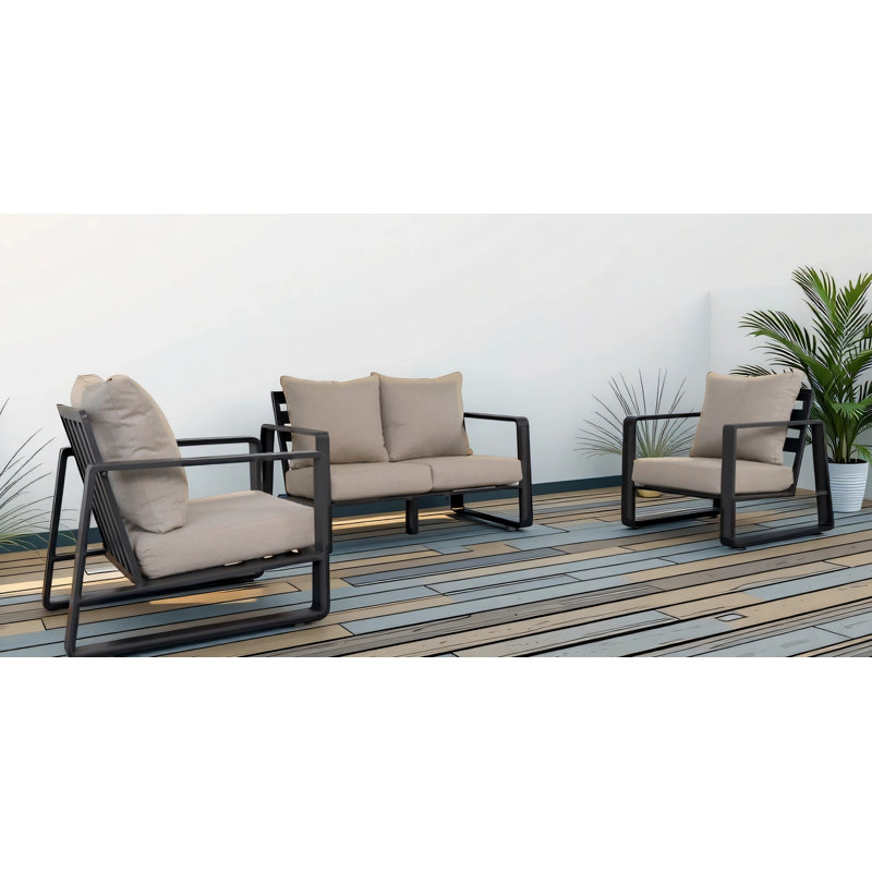 Ensemble de meubles de patio 3 pièces en aluminium gris foncé avec coussins beiges, canapé et fauteuil club