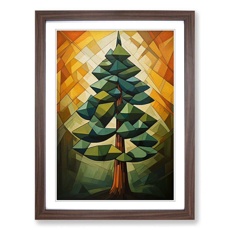 Pine Tree Cubism No.2 - Single Picture Frame Print on Wood, Walnut Framed, 64cm H x 46cm W x 2cm D