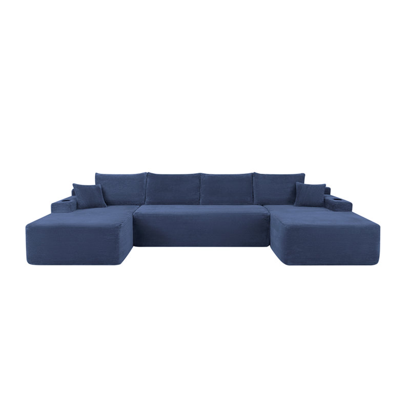 Canapé modulaire 126 po avec méridienne en forme de U, poches latérales et porte-gobelet de 126 po, conception modulaire moderne, assise profonde, canapé rembourré pour le salon / la chambre à coucher, aucun assemblage requis (velours côtelé) bleu