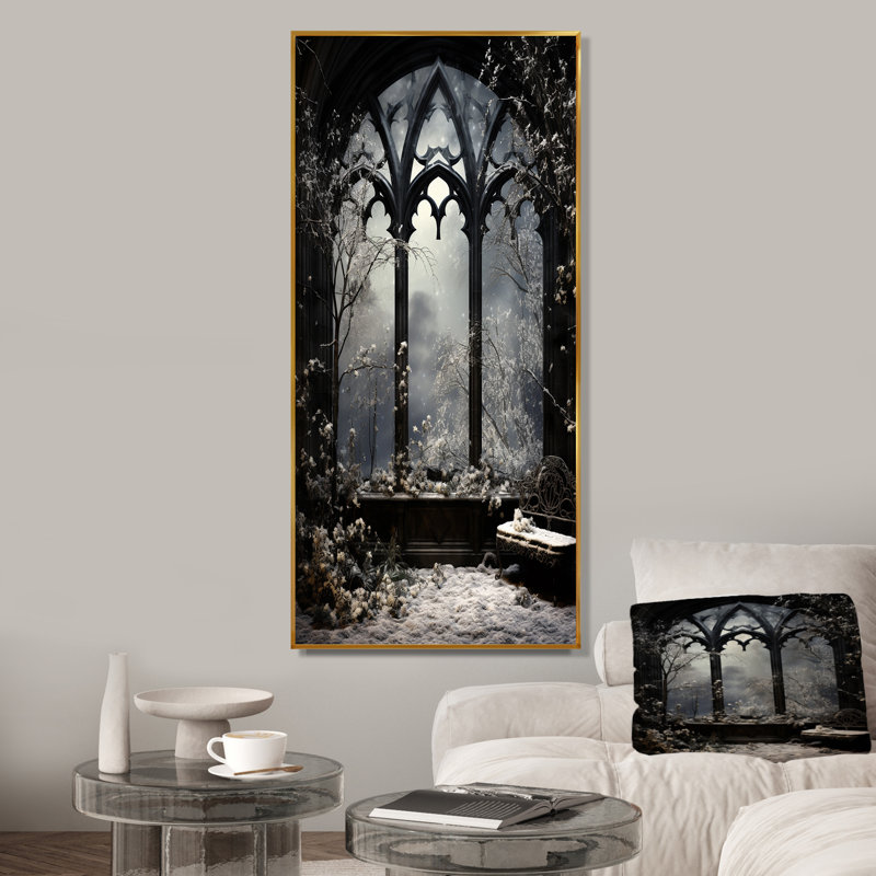 «Midnight Gothic Winter Window View III - Winter Landscape», art mural, Cadre flottant doré, 32" H x 16" W