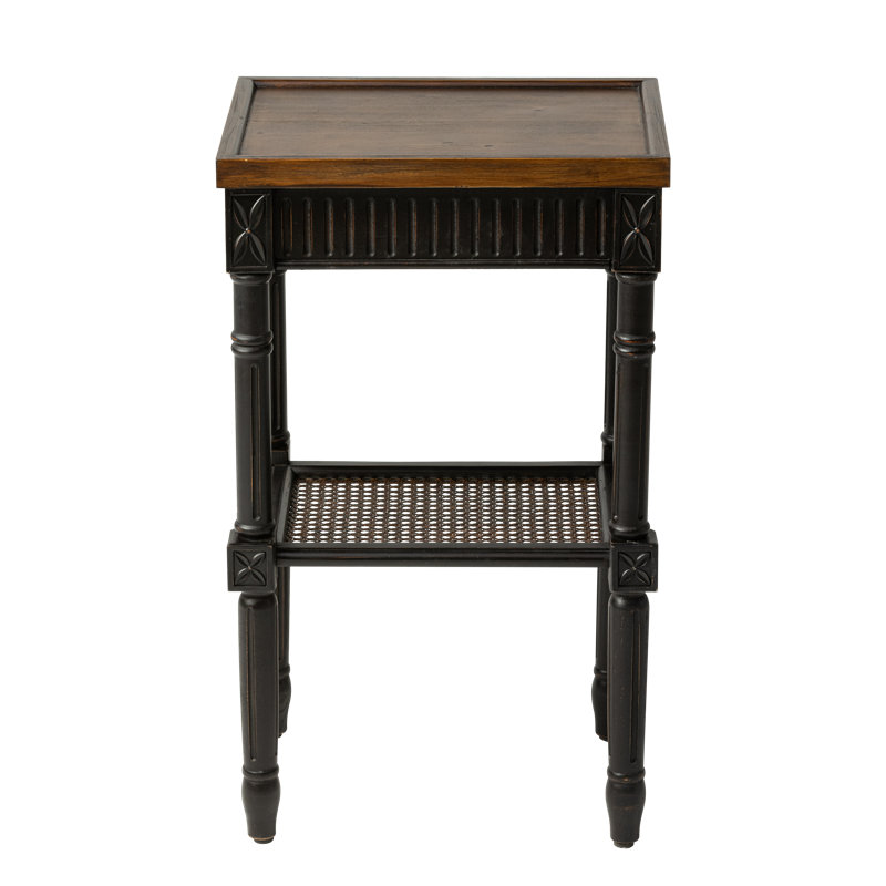 Psomas Rustic Farmhouse Square End Table, Distressed Side Table with Espresso Tray Top & Woven Shelf, Black