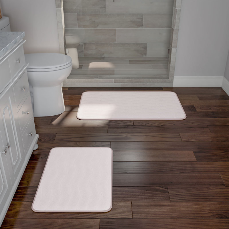 2 Piece Bathroom Rug Set - 32x20 Inch and 23x17 Inch Memory Foam Bath Mats with Textured Wave Print for Stylish Bathroom Decor - Bath Rugs Non Slip Washable Bathmats (Ivory)