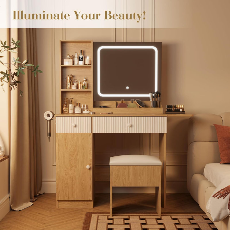 Bureau de coiffeuse avec miroir et lumières, bureau de maquillage avec 3 modes d'éclairage, prise de courant, tiroirs et tablettes de rangement, tabouret de rangement, meuble-lavabo pour chambre à coucher, bois