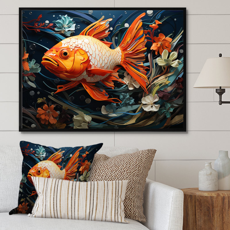 Attia - poisson orange géométrique I - imprimé, H 16 po x l 32 po x P 1 po, Cadre flottant noir