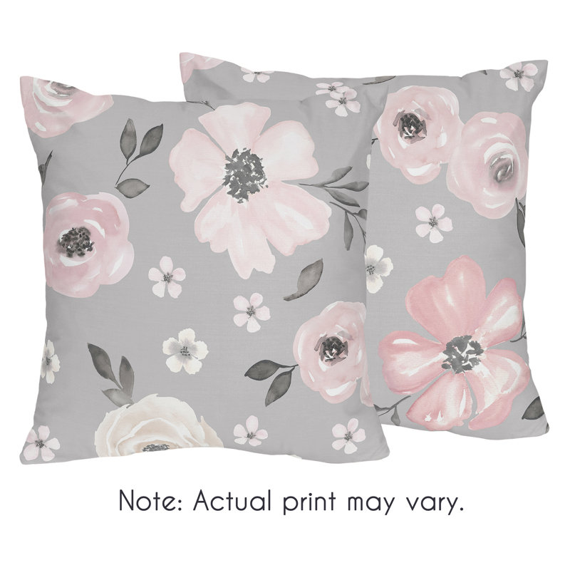 Grey and Pink Watercolor Floral Kids' Throw Pillows Set