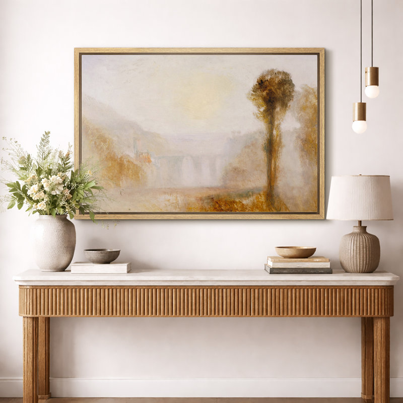 Misty Riverside Landscape avec Lone Tree, H 24 po x l 36 po, Natural Floater Frame