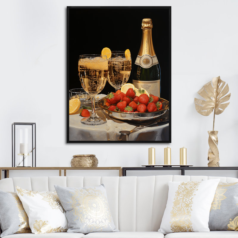 Champagne avec fraise - Champagne, art mural, Cadre flottant noir, H 20 po x l 12 po x P 1 po