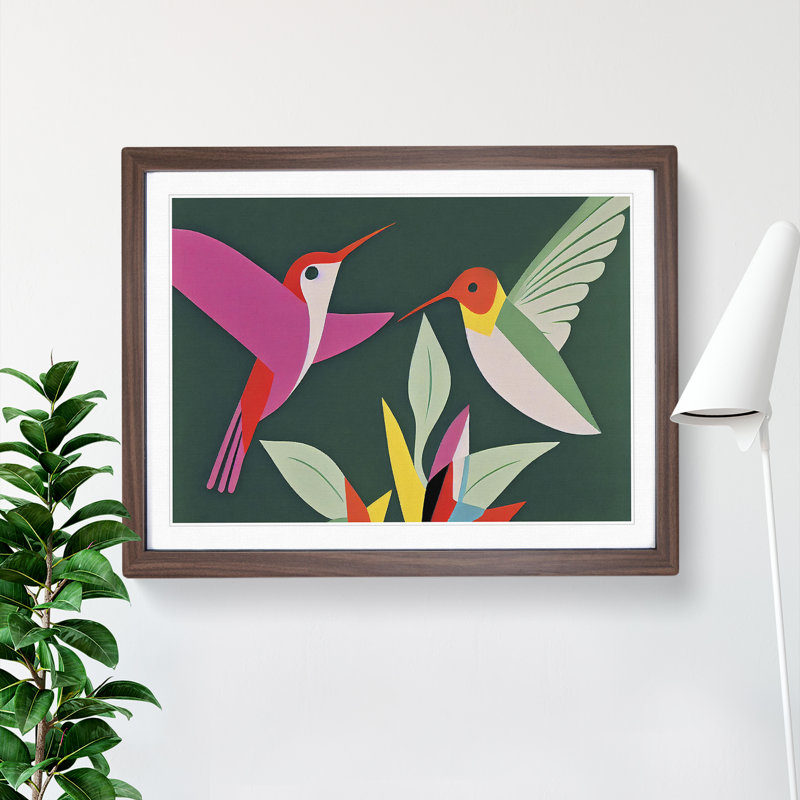Hummingbirds Abstract 1 Piece Single Picture Frame Wall Art, 46cm H x 64cm W x 2cm D, Walnut