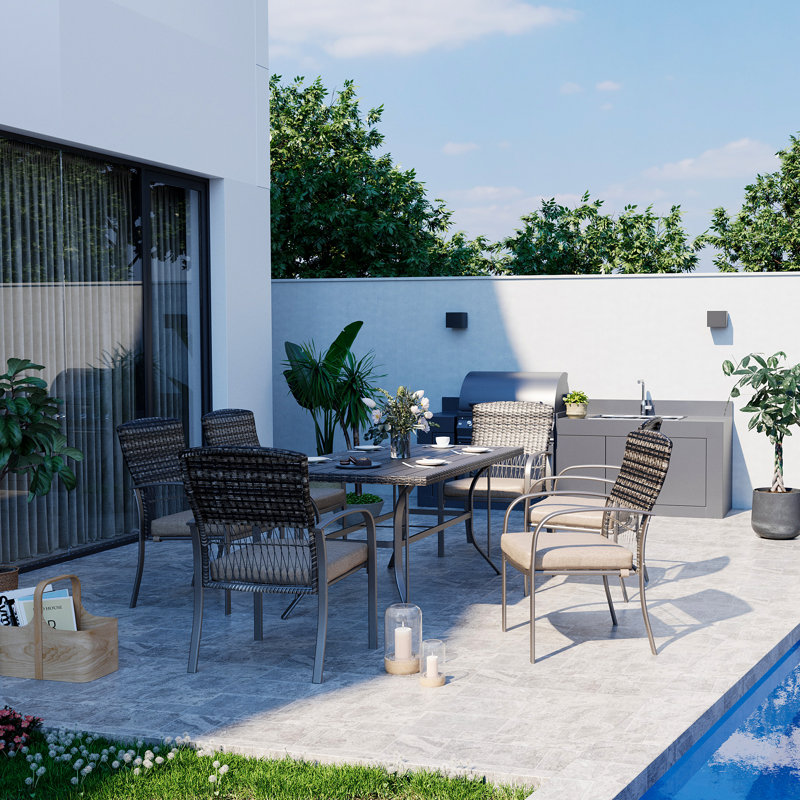 Hainer 6 - Person Wicker Patio Dining Set with Rectangular Table , Cushions Included, Beige, Brown