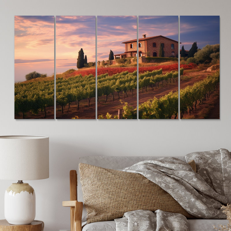 «Beautiful Sunset Old Castle Italian Vineyard», reproduction d'art sur toile - 5 panneaux égaux