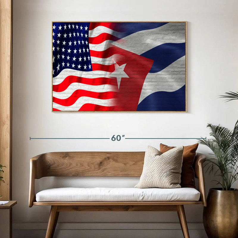 Drapeau américain et cubain, Cadre flottant en bois naturel, 46 po x 31 po