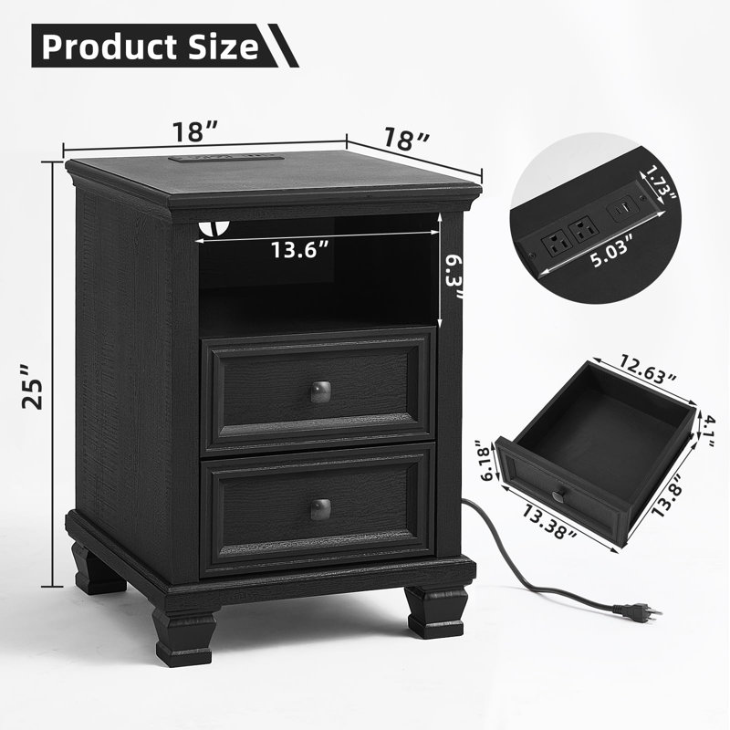 Farmhouse Side Table with Charging Station, Rustic Black Nightstand with Drawers, Bedside Table with Open Shelf for Bedroom