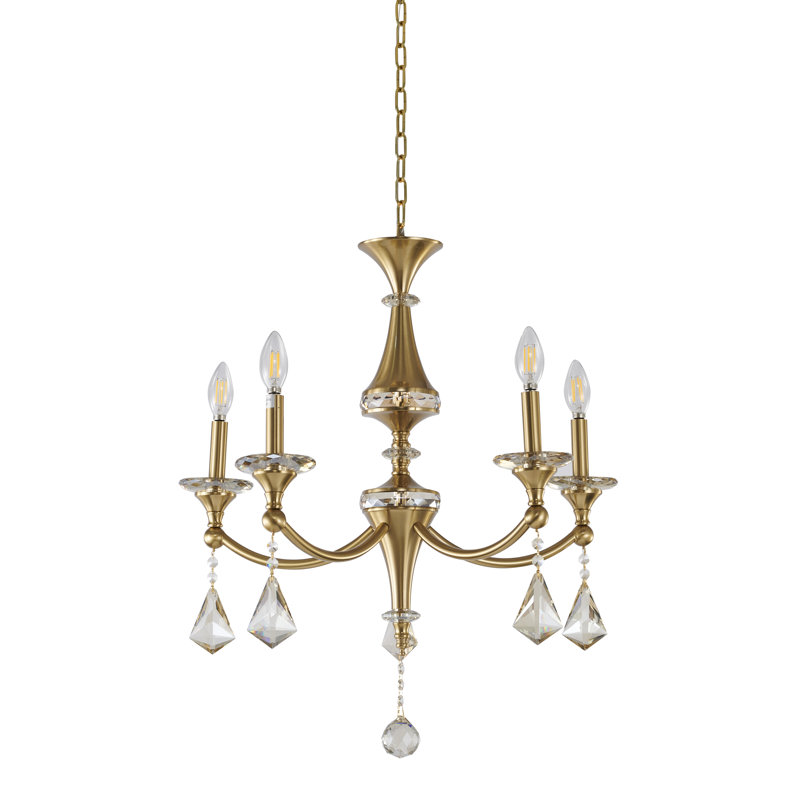 5-Light Satin Brass Chandelier With Crystals, Champagne, Satin Brass