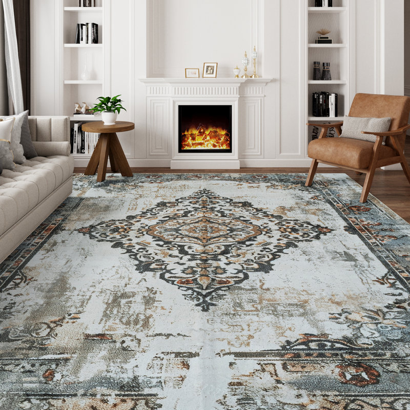 Oriental Floral Non-Slip Machine Washable Vintage Area Rug in Cray/Cream/Brown for Living Room, Bedroom, Hallway Runner Indoor Rugs