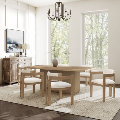 Harkless 7-Piece Mid-Century Modern Dining Set With Linen Blend Upholstered Chairs And Rectangular Pillar Base Table