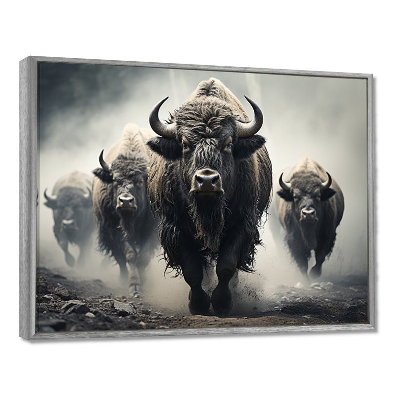 «Gray Buffalo Gentle Guardians I», art mural Buffalo, H 12 po x l 20 po x P 1 po, Encadrement argenté