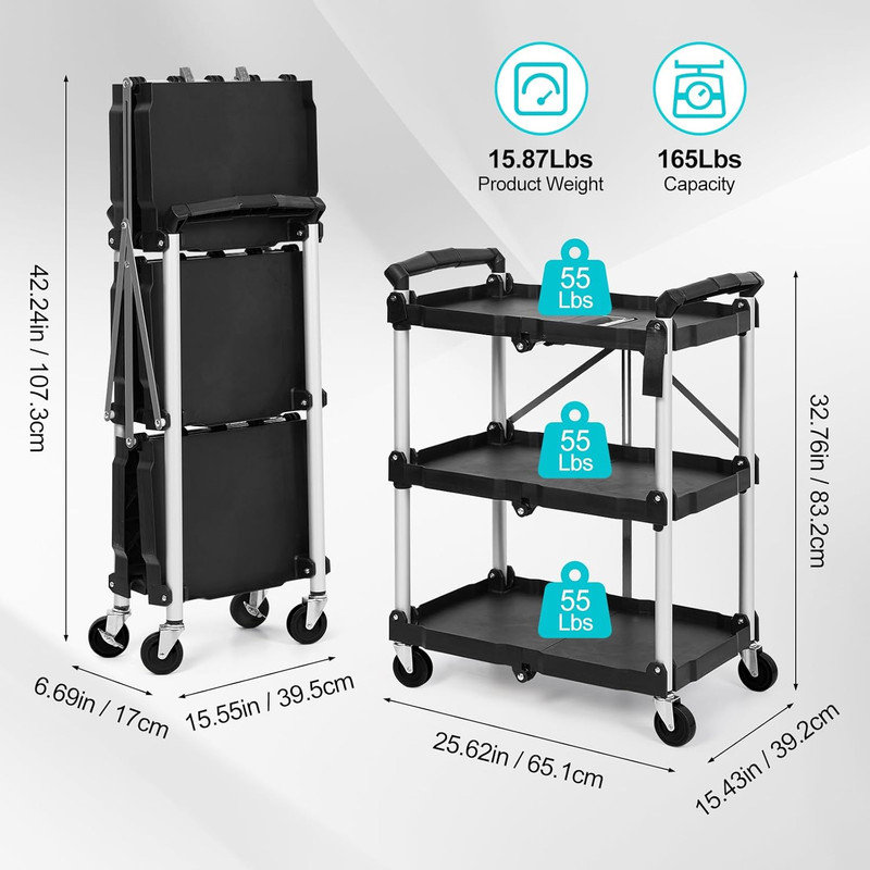 Collapsible Utility Cart, 3-Tier Foldable Service Cart with 360° Swivel Wheels, Black