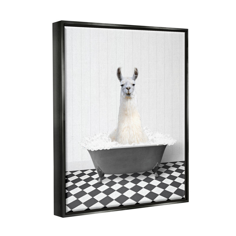 " Vintage Bathroom Llama " by Lettered And Lined, Jet Black Floater Frame, 21" H x 17" W x 1.7" D