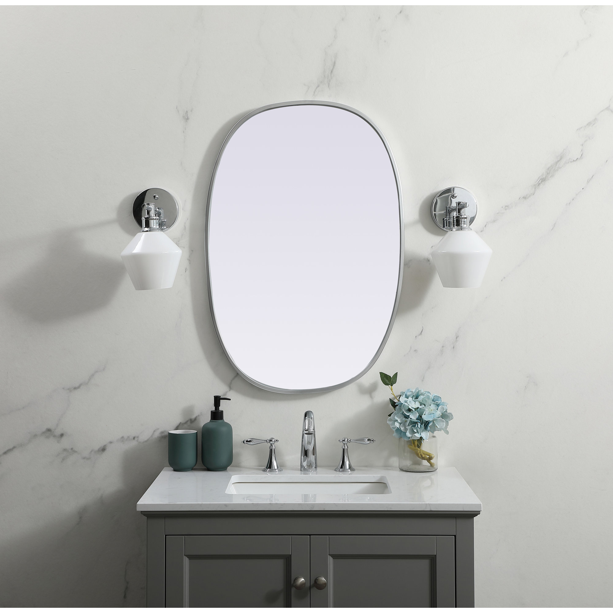 Sabine Metal Curved Oval Wall Mirror, Silver, 30" x 20"
