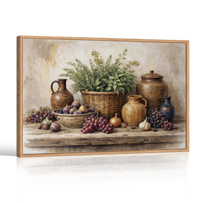 Raisins et figues avec herbes aromatiques dans un panier en osier et des pots en terre cuite - Tableau sur toile