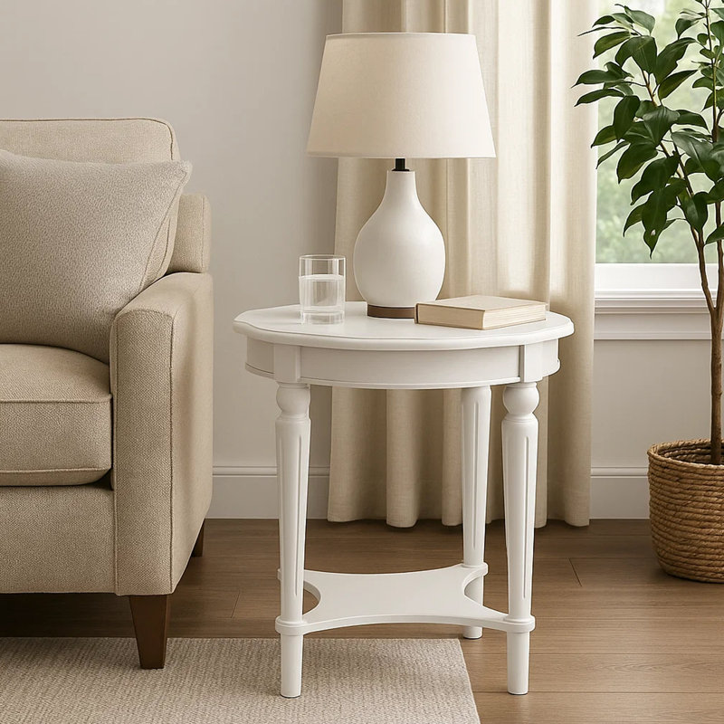 Fordon Wooden End Table, Scalloped Round Top, French Antique White Finish, Antique Green