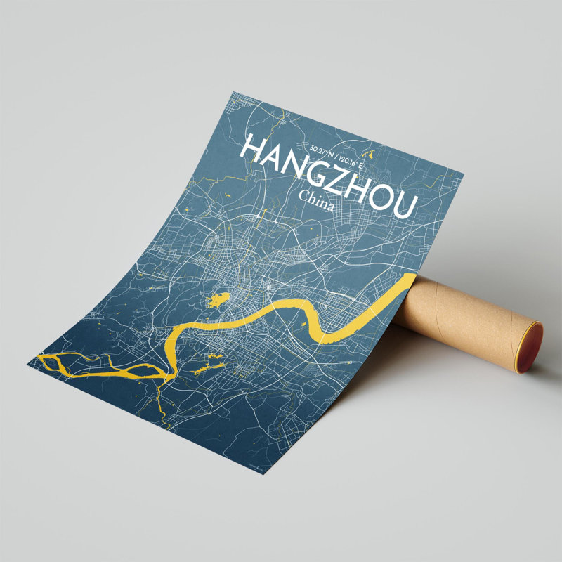 Impression sur la carte de la ville de Hanghang, H 20 po x l 16 po, Bleu / Jaune
