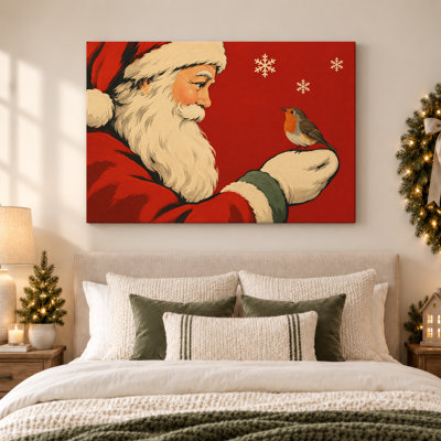 Art mural sur toile de père Noël tenant un oiseau rouge sur fond rouge