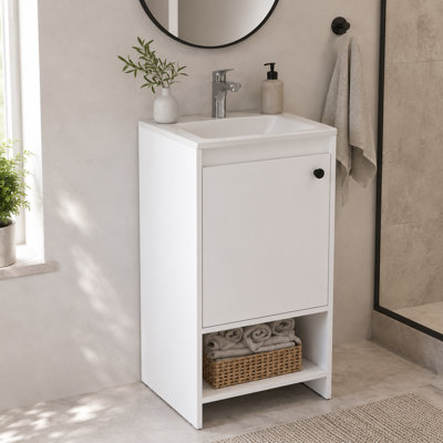 Bruto Bathroom Vanity Cabinet with Sink, Storage Door, and Open Shelf