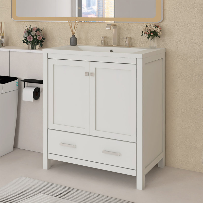 Meuble-lavabo autoportant de 30 po avec lavabo en céramique, Argent argent, Blanc