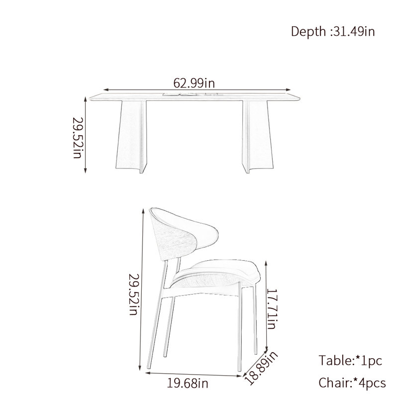 Retro rectangular family dining table sets, 29.52"H x 62.99"L x 31.49"W