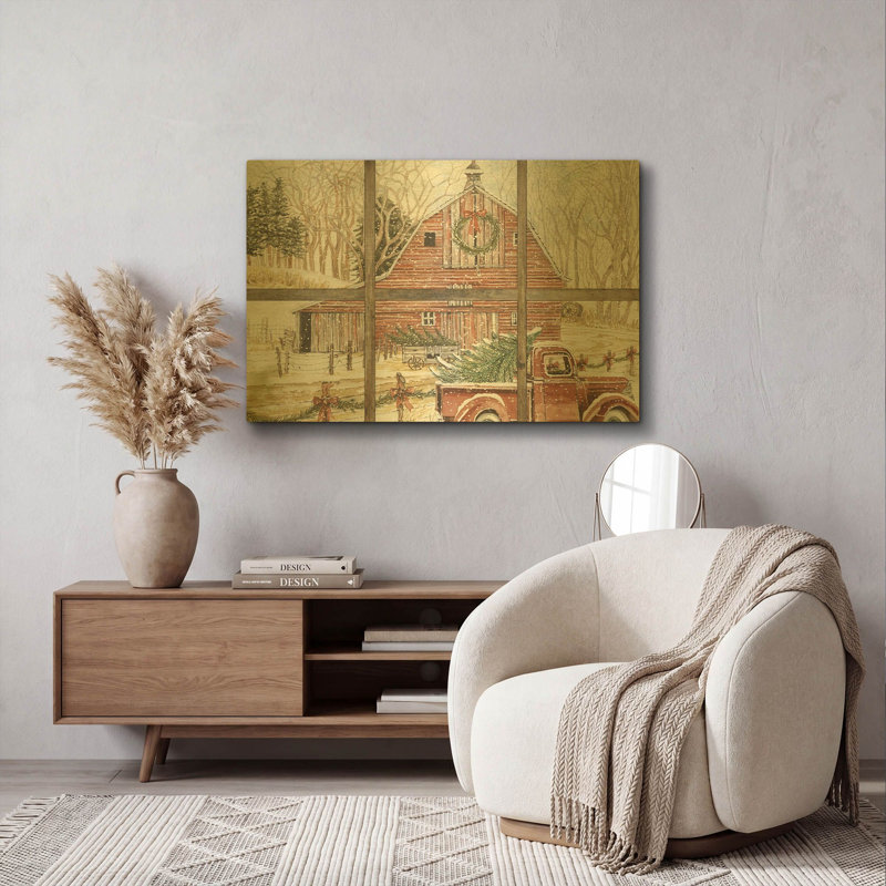 «Christmas Barn View» par Cindy Jacobs, art mural en métal doré, 36 po x 24 po, 36"x24"