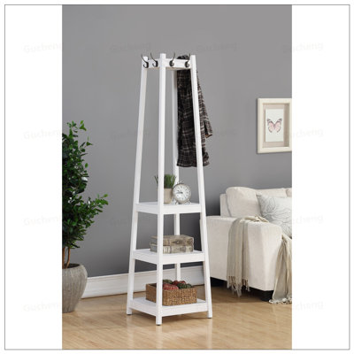 Vassen White Finished Wood Coat Rack With 3-Tier Storage Shelves For Enhanced Organization And Space Efficiency