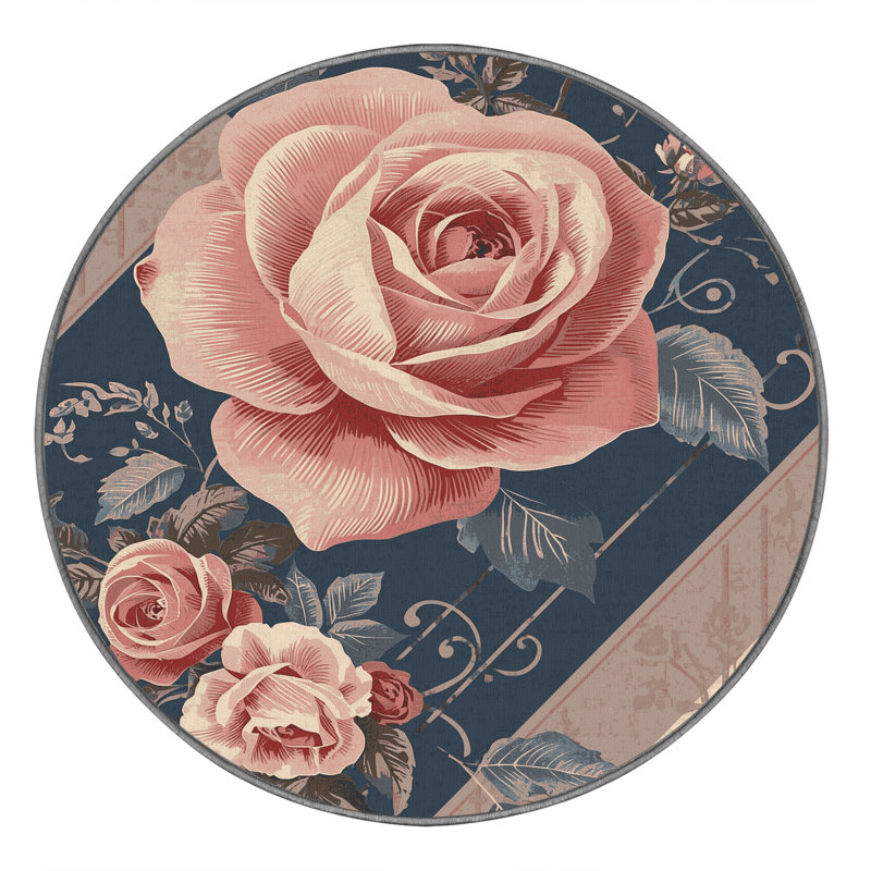 Tapis floral rose et rose lavable à la machine Orlandra, Rond 7 pi