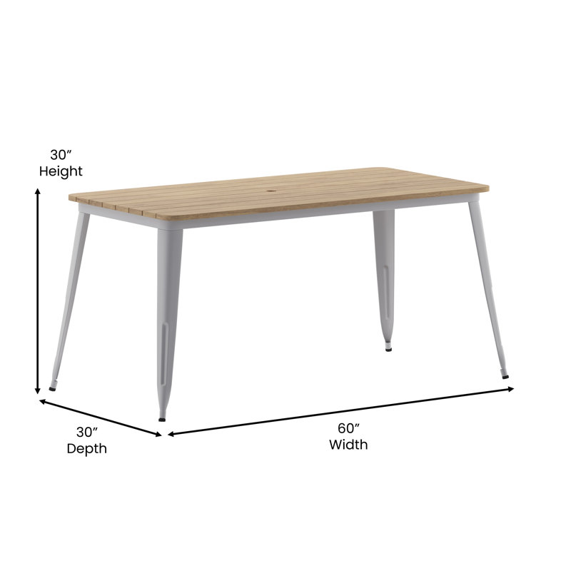 Guenot 30" x 60" Commercial Indoor/Outdoor Poly Resin Restaurant Table with Umbrella Hole, Brown Top/Silver Base
