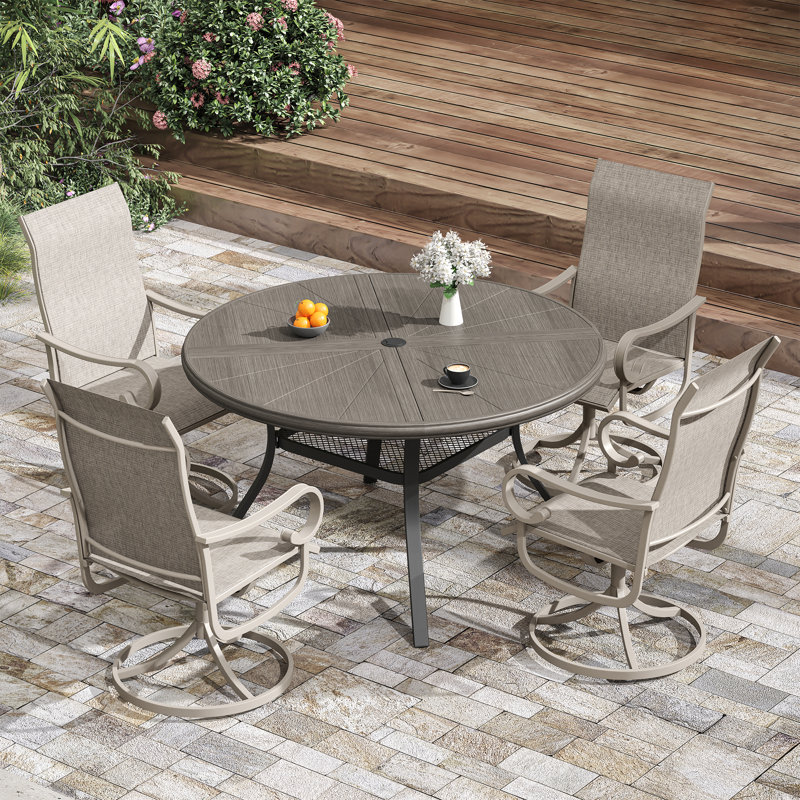4-Person Outdoor Round Dining Set With Swivel Chairs, Gray Woodlike/Cream