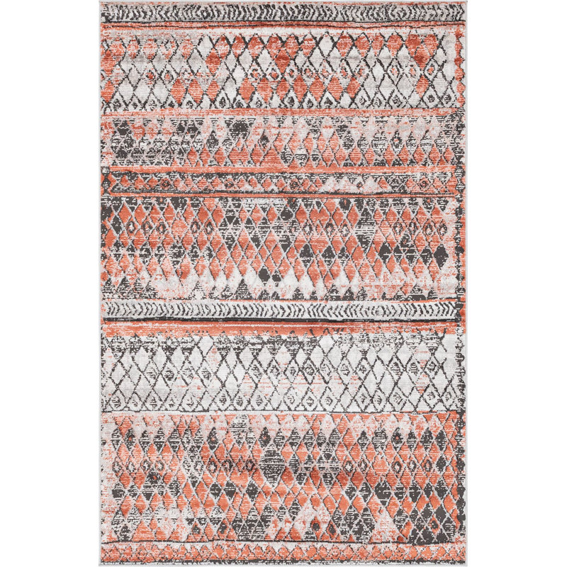 Tapis géométrique orange / gris, Rectangle 5 pi 1 po x 8 pi