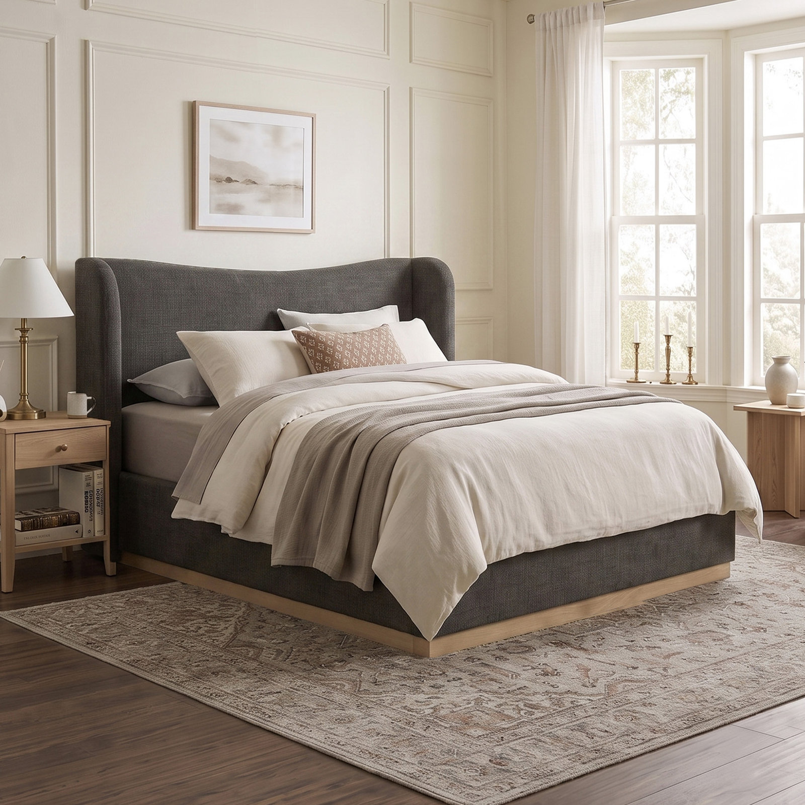 Linen Upholstered Wingback Bed, Queen, Selene Stone