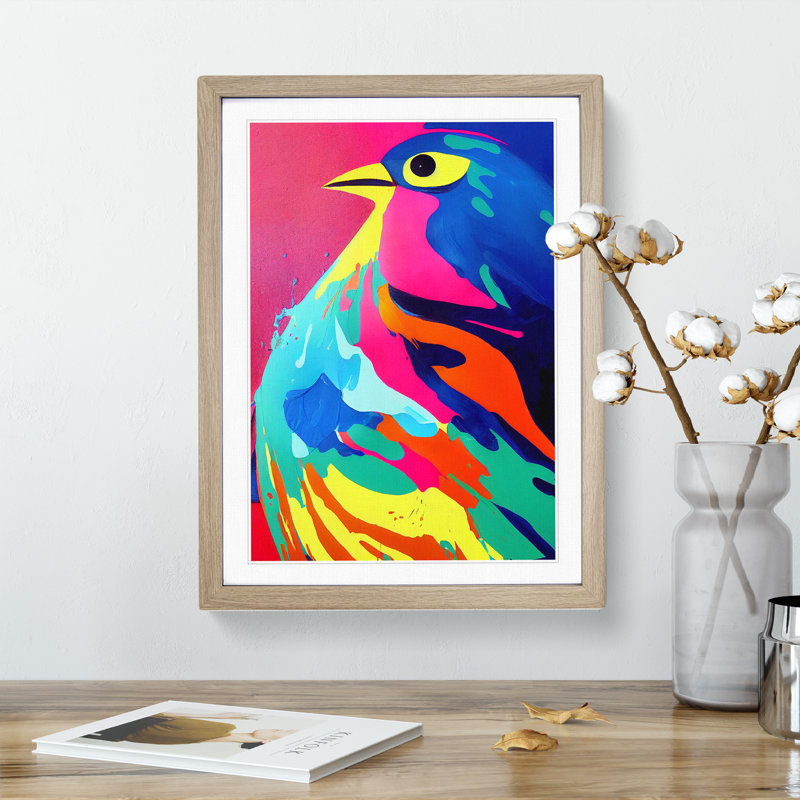 Dripping Paint Bird No.4 Abstract - Single Picture Frame Painting, 46cm H x 34cm W x 2cm D, Oak