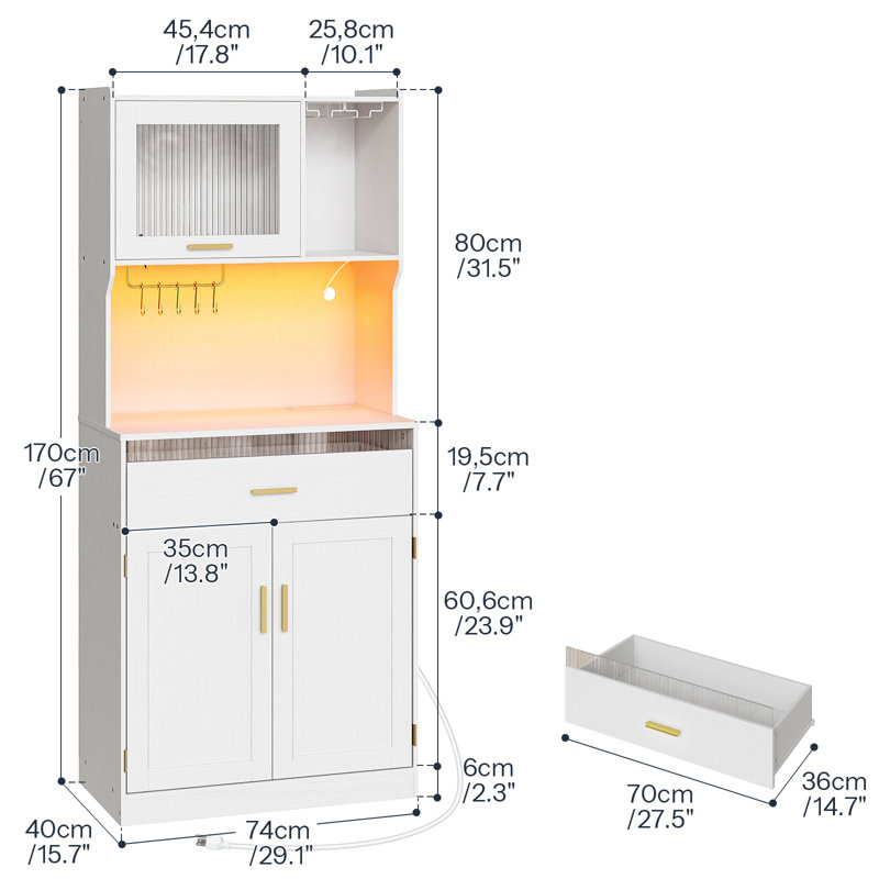 67" LED Kitchen Pantry with Multiple Color Dimmable, 1 Drawer & Large Storage & Countertop