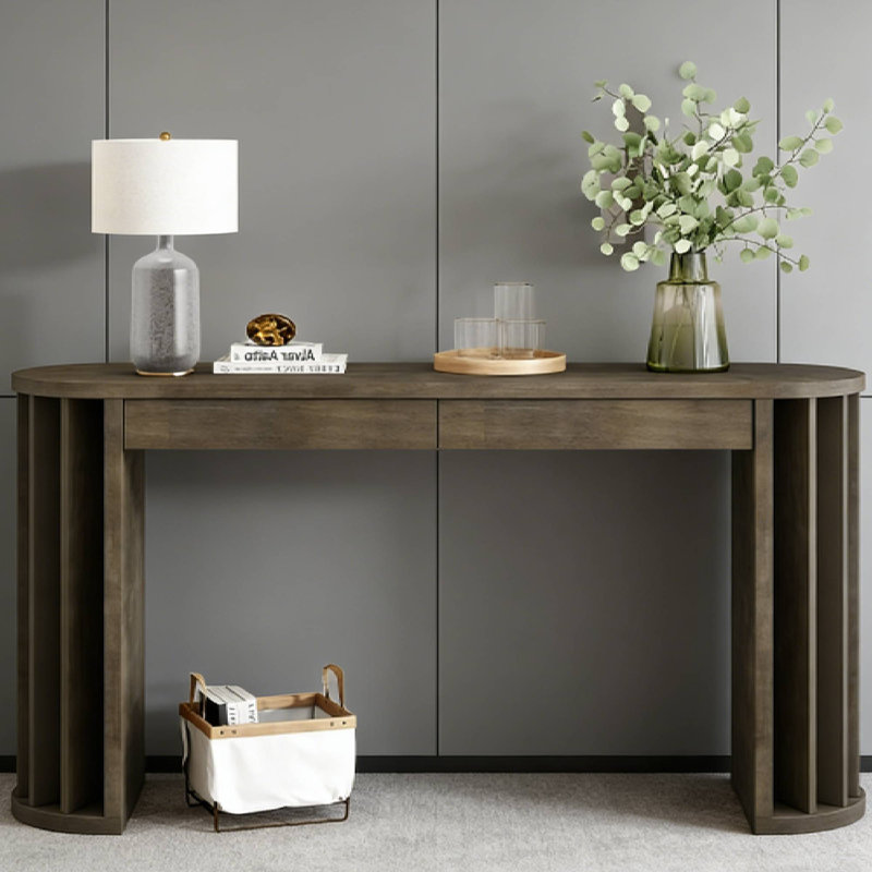 59'' Console Table, Curved/Straight Design Farmhouse Style For Entryway Living Room Hallway Foyer, Natural