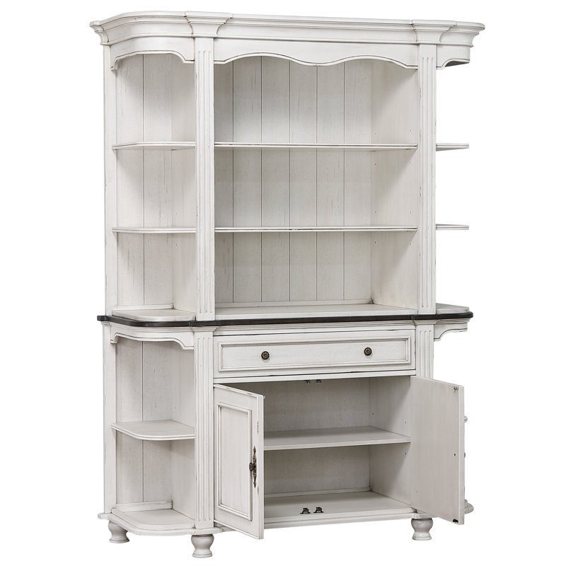 Sunset Trading French Chic China Cabinet | Open Storage Display Shelves, Drawer And Doors | Antique White & Walnut Brown Wood | Dining Room, Entryway, Kitchen Buffet Server & Hutch Cupboard