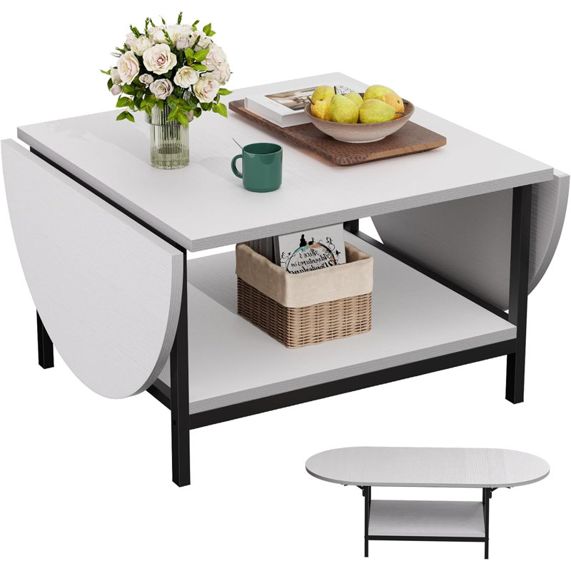 White Modern Extendable Coffee Table with Storage and Foldable Panels