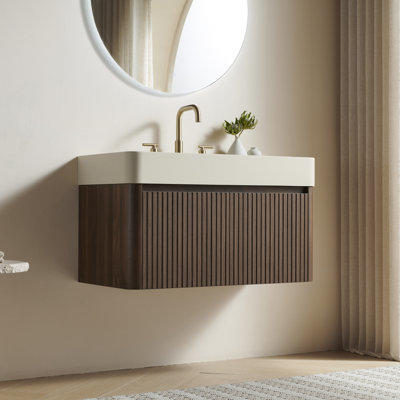 Meuble-lavabo suspendu de 76 cm et 91 cm avec lavabo, armoire de rangement murale, lavabo intégré en surface solide blanc brillant/beige crème chaud, 3 trous prépercés pour robinetterie, portes à fermeture amortie, armoire en noyer et chêne clair