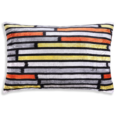 Handmade Velvet Pillow With Insert – Modern Striped Ikat, Sunset Tones, 16X24"