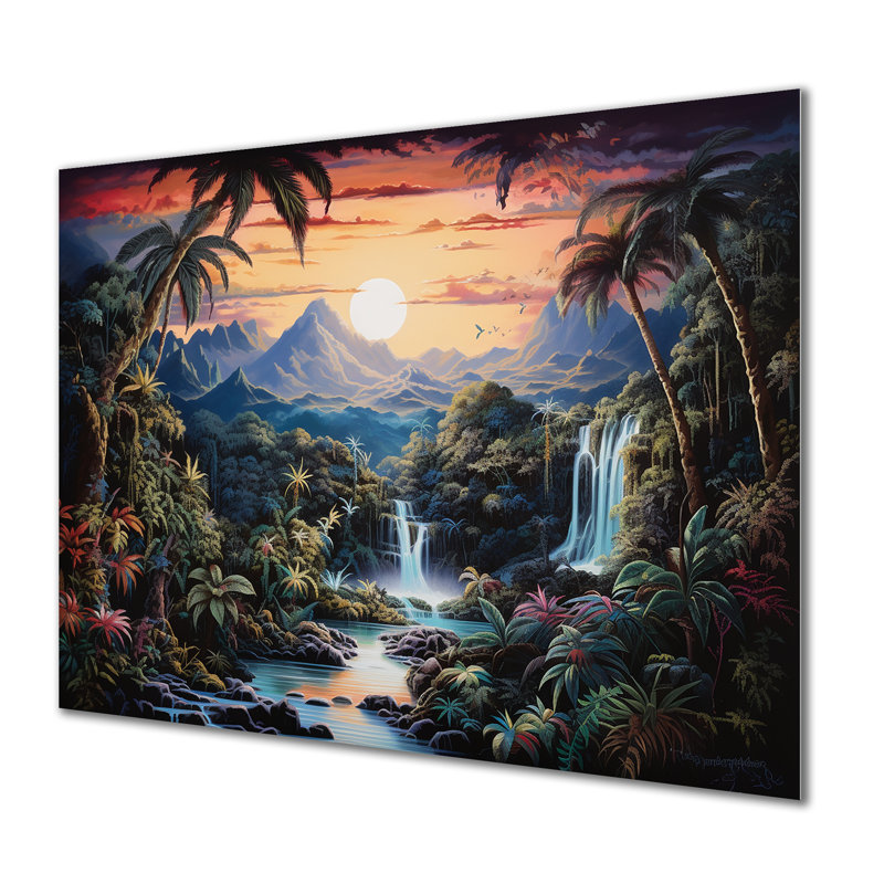 Décoration murale, cascade, paradis tropical, coucher de soleil sur les montagnes, H 24 po x l 32 po