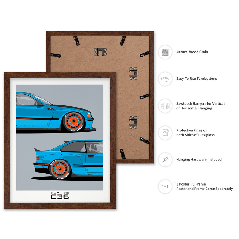 Voiture bleue, Poster, 12"H x 16"W, Brown Framed