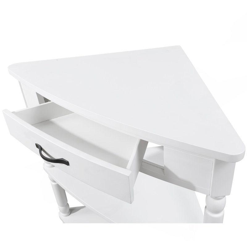 33.8" Small Triangle Corner Table, Wood Corner Side Table For Small Spaces/ Living Room, 3 Tier End Corner Table With Solid Wood Legs, Milk White